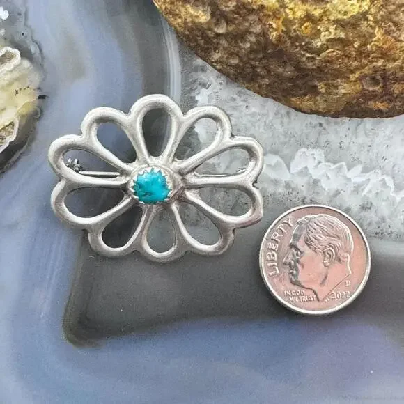 R. Wilson Navajo Vintage Sterling Silver Turquoise Sandcast Brooch For Women - Picture 8 of 10